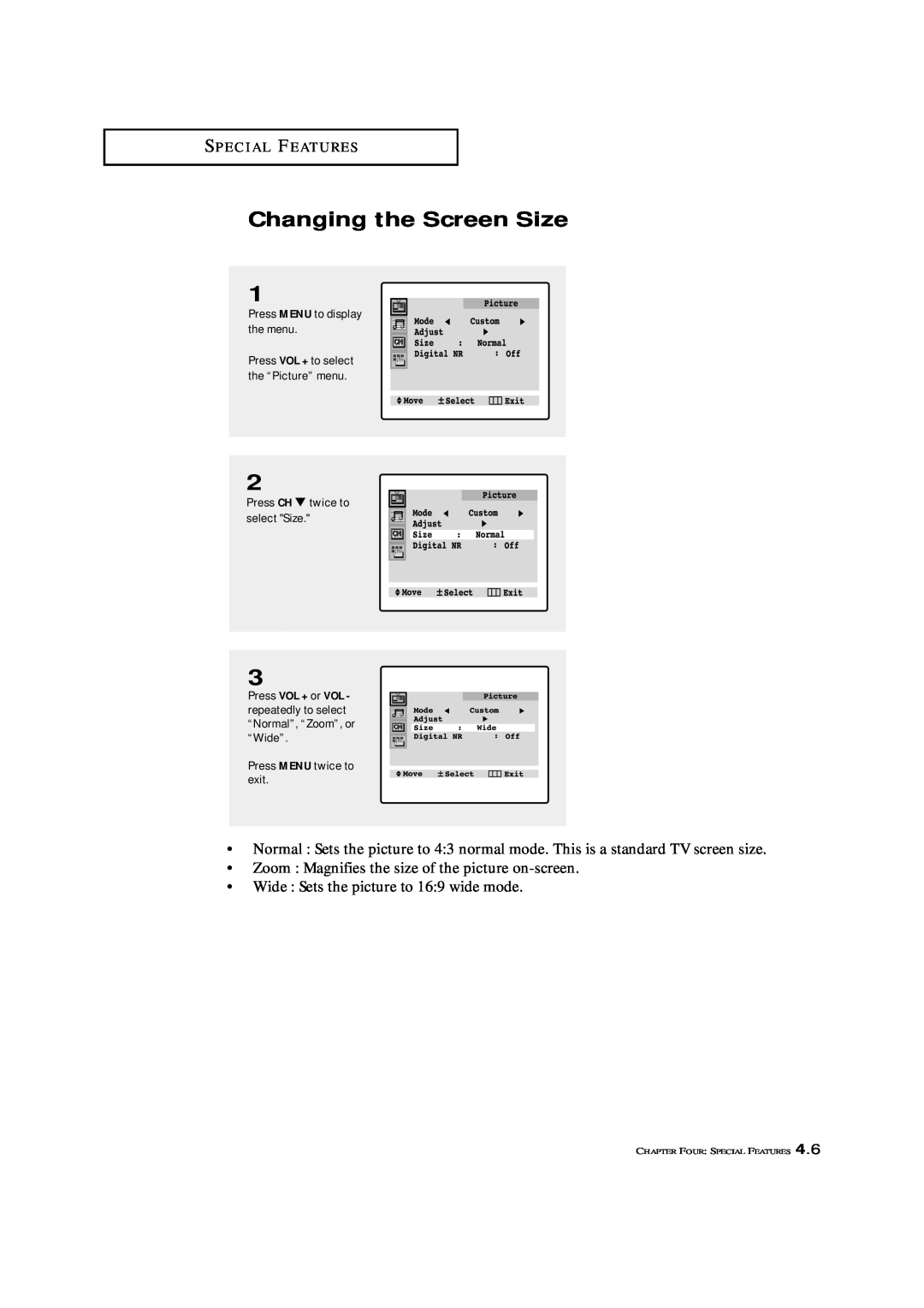 Samsung TXL 3676, TXL 3276 manual Changing the Screen Size, Press MENU to display the menu, Press CH twice to select Size 