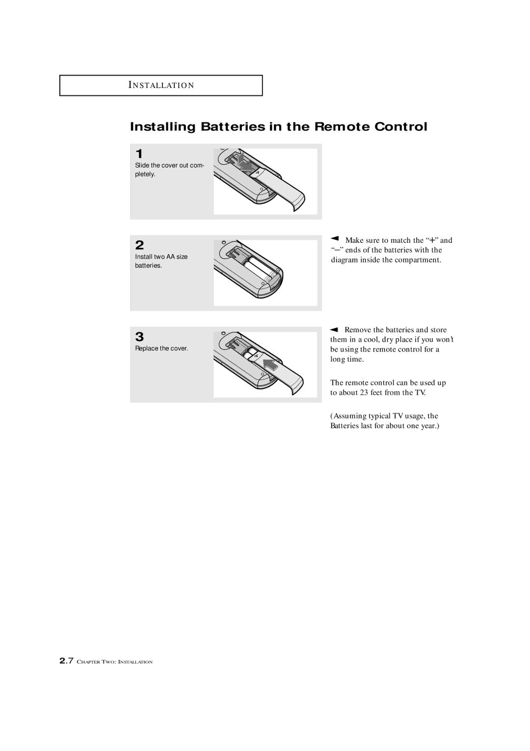 Samsung TXM 1491F manual Installing Batteries in the Remote Control 