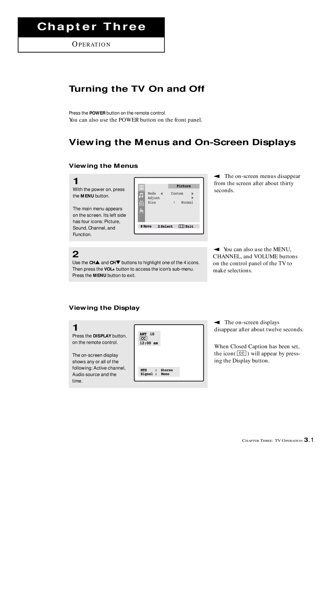 Samsung TXM 1491F manual Turning the TV On and Off, Viewing the Menus and On-Screen Displays, Viewing the Display 