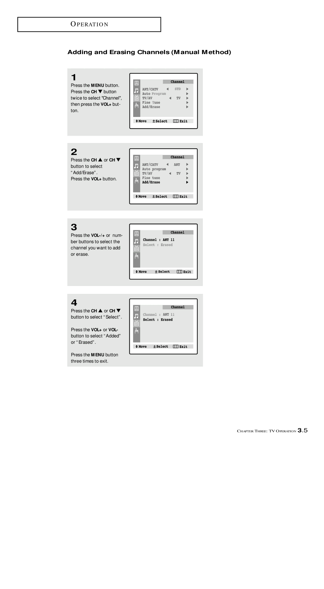 Samsung TXM 1491F manual Adding and Erasing Channels Manual Method, Press the VOL+ or VOL- button to select Added or Erased 