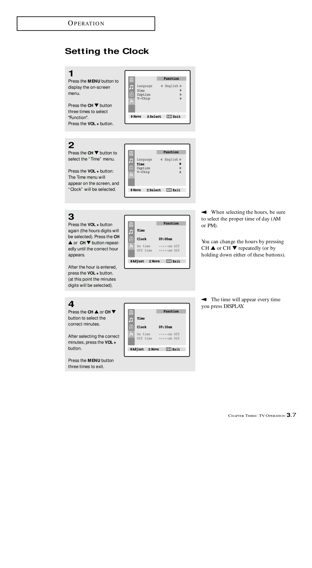 Samsung TXM 1491F manual Setting the Clock, Or CH button repeat Edly until the correct hour appears 