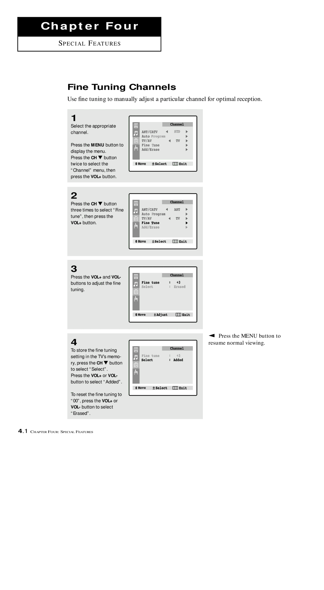 Samsung TXM 1491F manual Chapter Four, Fine Tuning Channels 