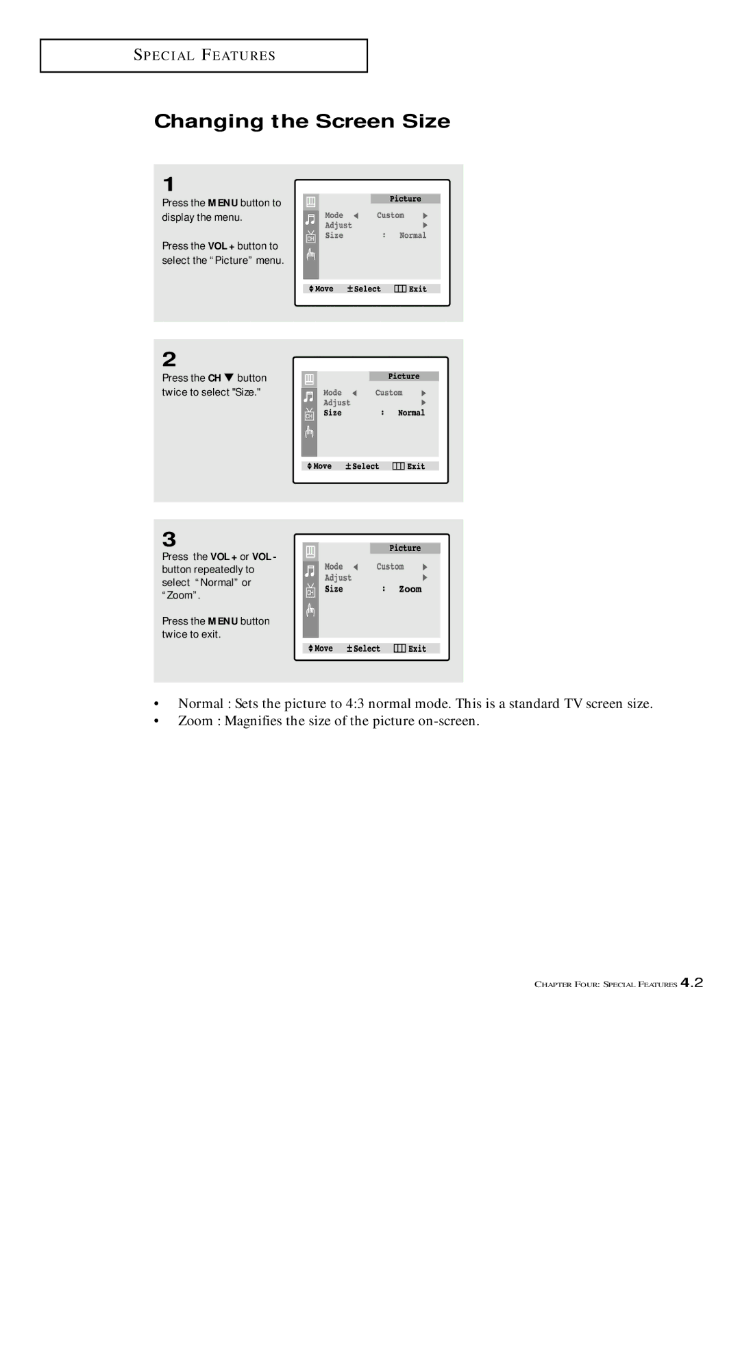 Samsung TXM 1491F manual Changing the Screen Size 