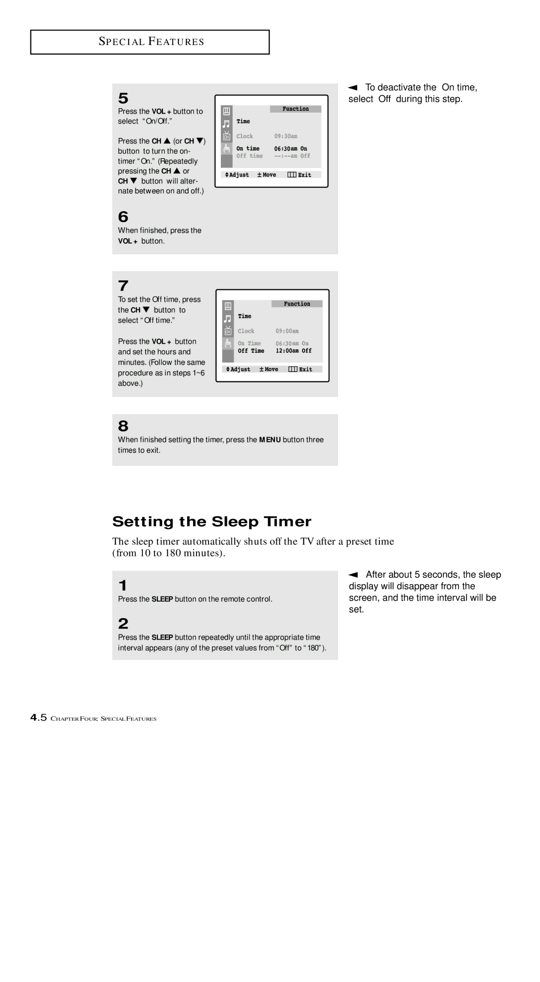 Samsung TXM 1491F Setting the Sleep Timer, When finished, press VOL + button, Press the Sleep button on the remote control 