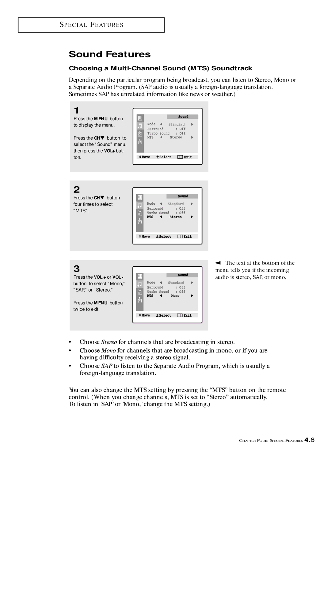 Samsung TXM 1491F manual Sound Features, Choosing a Multi-Channel Sound MTS Soundtrack 