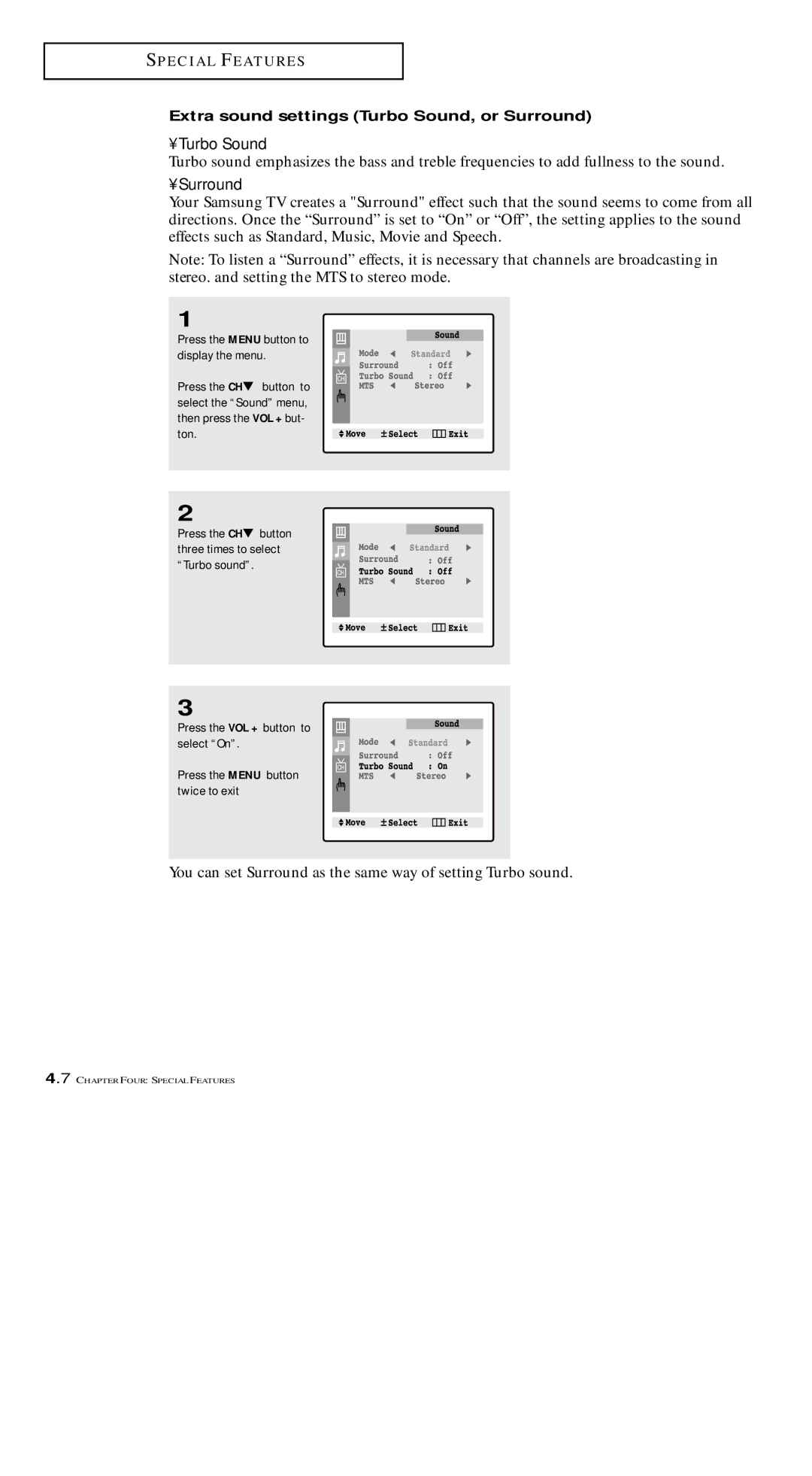 Samsung TXM 1491F manual Extra sound settings Turbo Sound, or Surround 