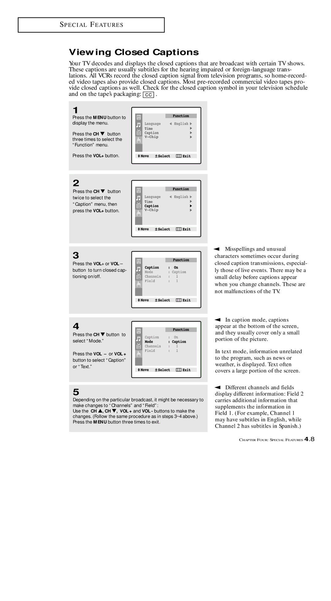 Samsung TXM 1491F manual Viewing Closed Captions, Press the Menu button to display the menu 