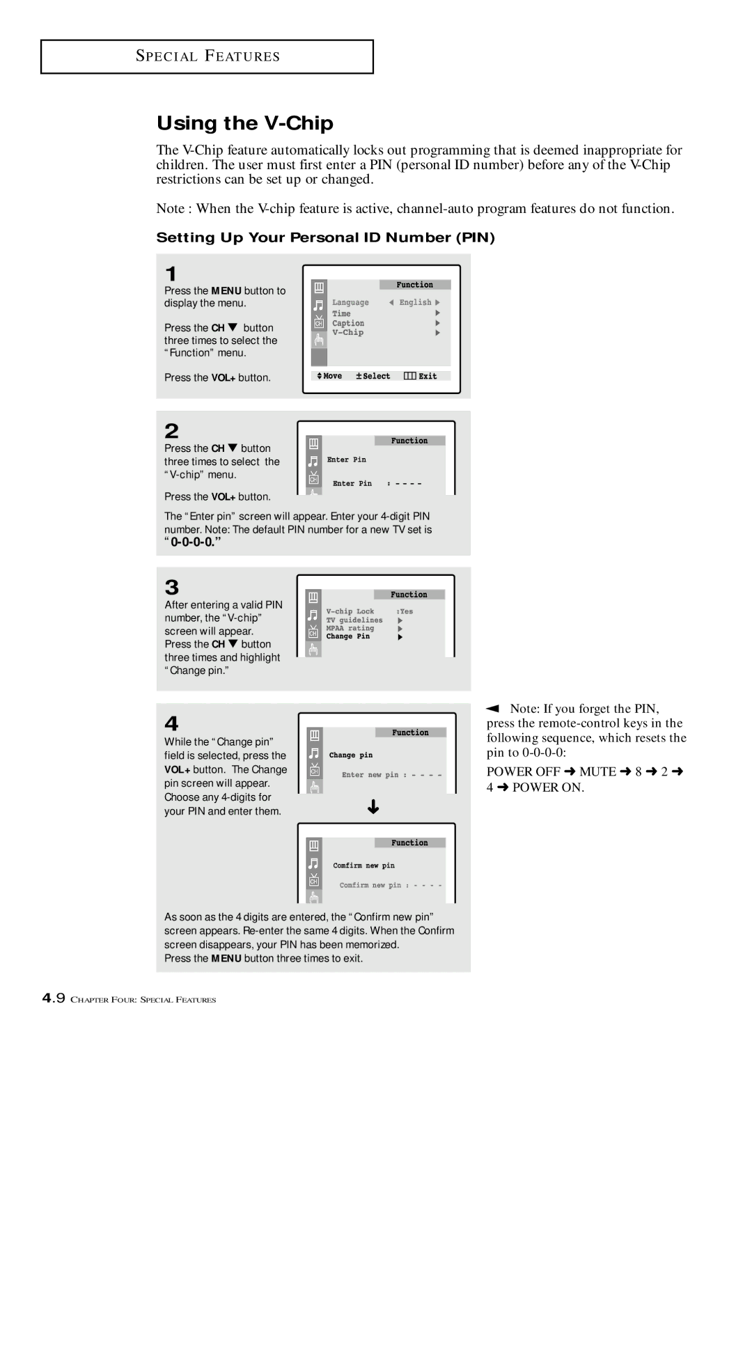 Samsung TXM 1491F manual Setting Up Your Personal ID Number PIN, Press the Menu button three times to exit 