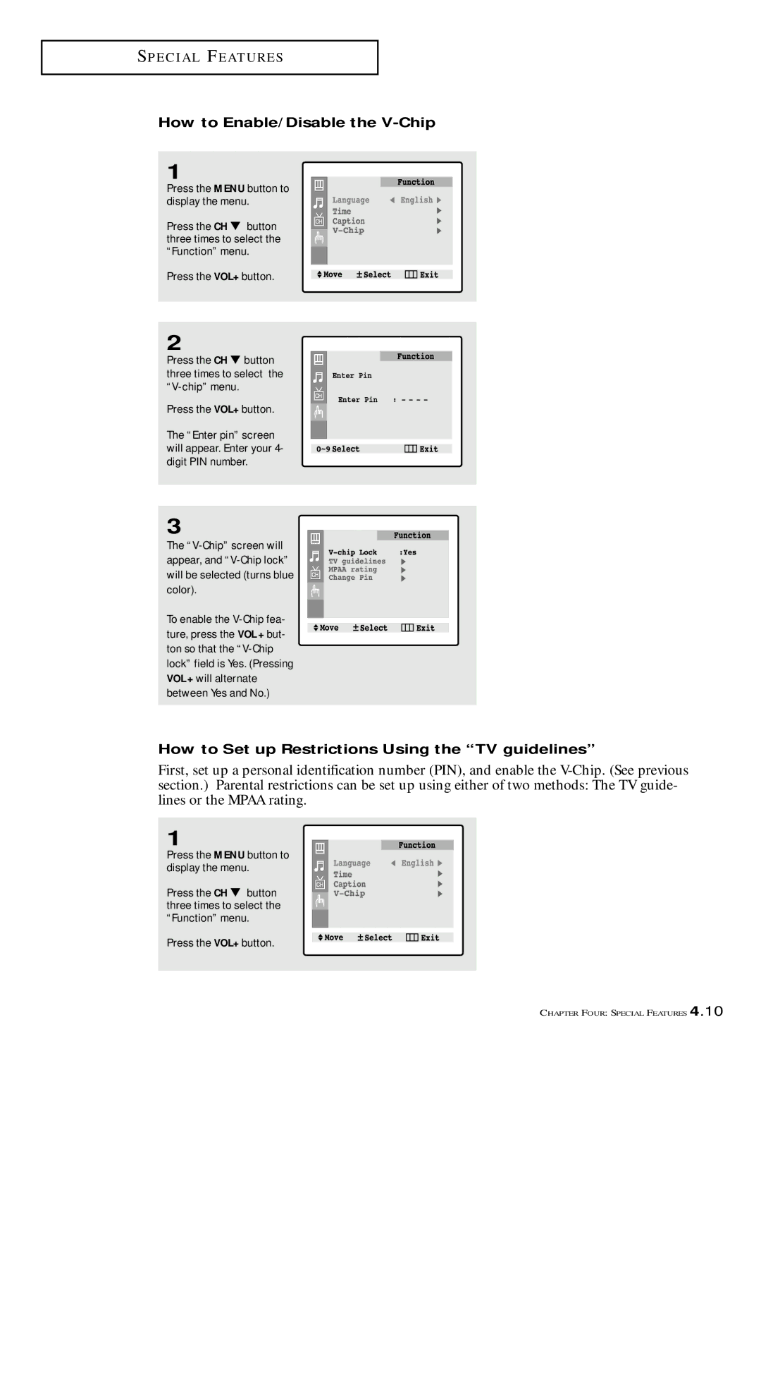 Samsung TXM 1491F manual How to Enable/Disable the V-Chip, How to Set up Restrictions Using the TV guidelines 