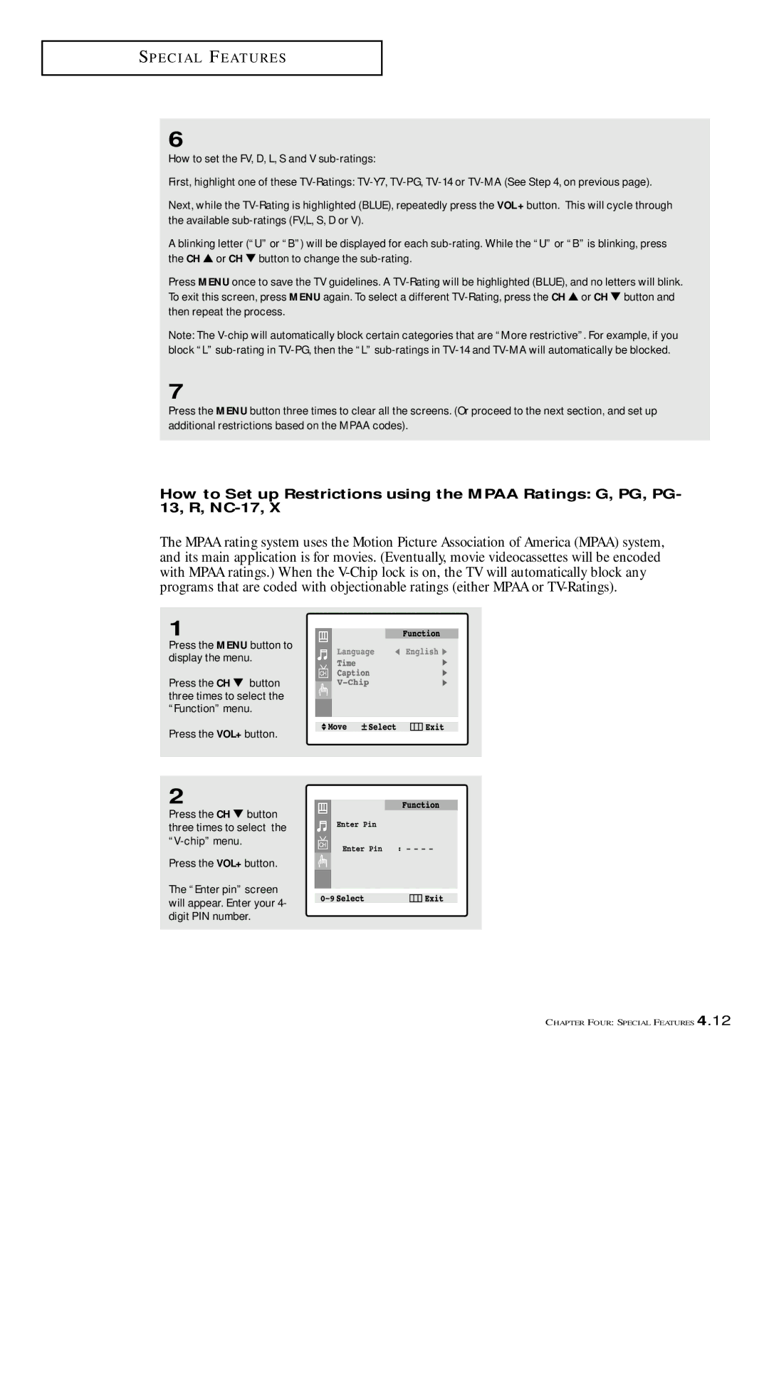 Samsung TXM 1491F manual Press the CH button three times to select the V-chip menu 