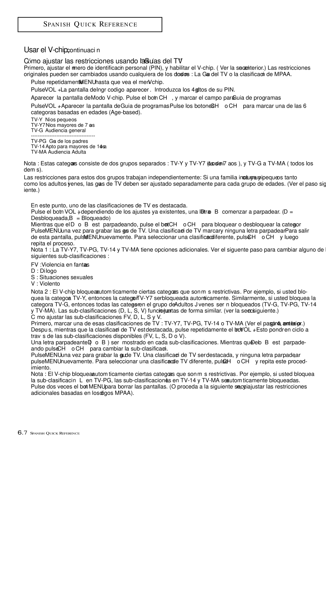 Samsung TXM 1491F manual Usar el V-chip, continuación, TV-Y Niños pequeños 