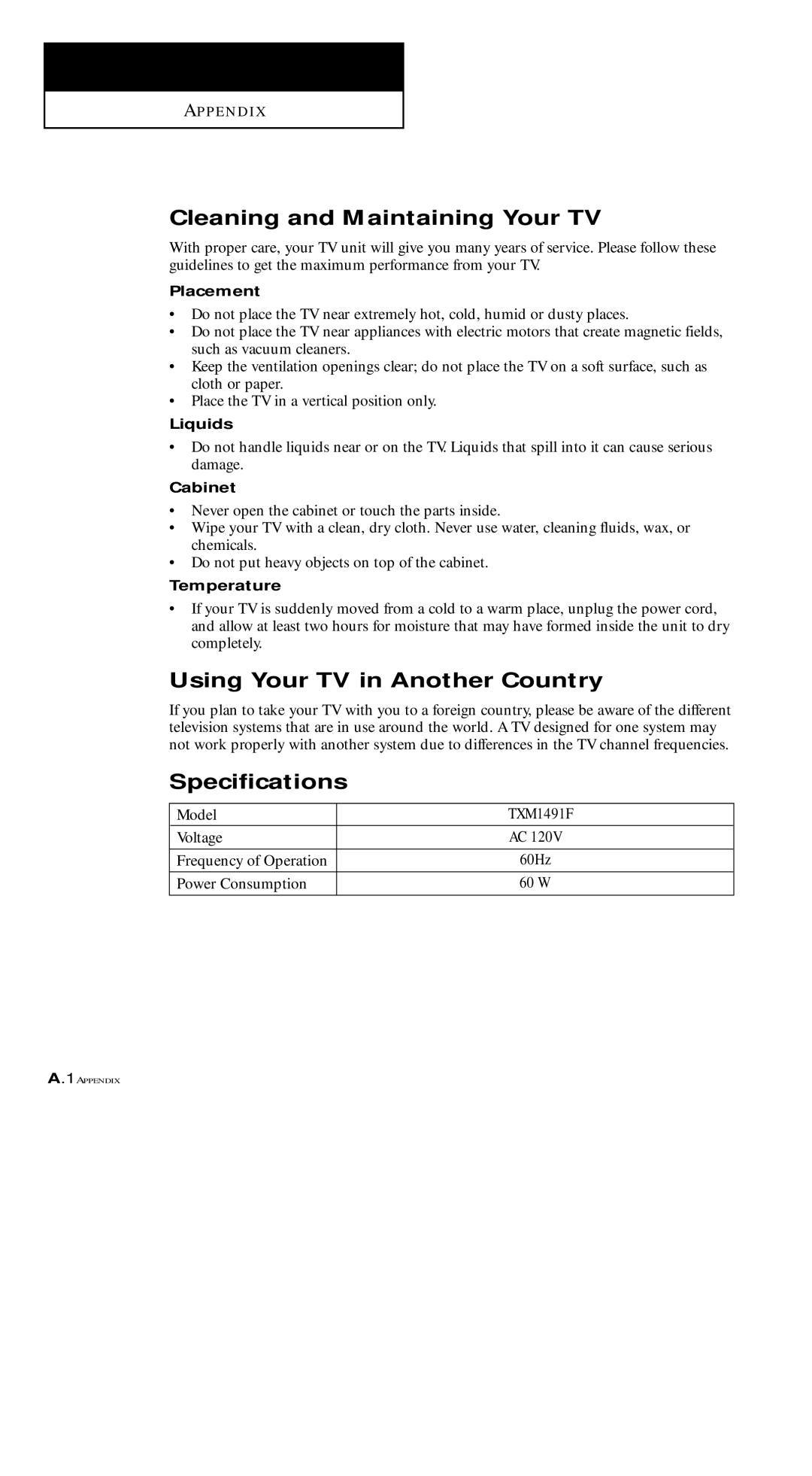 Samsung TXM 1491F manual Cleaning and Maintaining Your TV, Using Your TV in Another Country, Specifications 