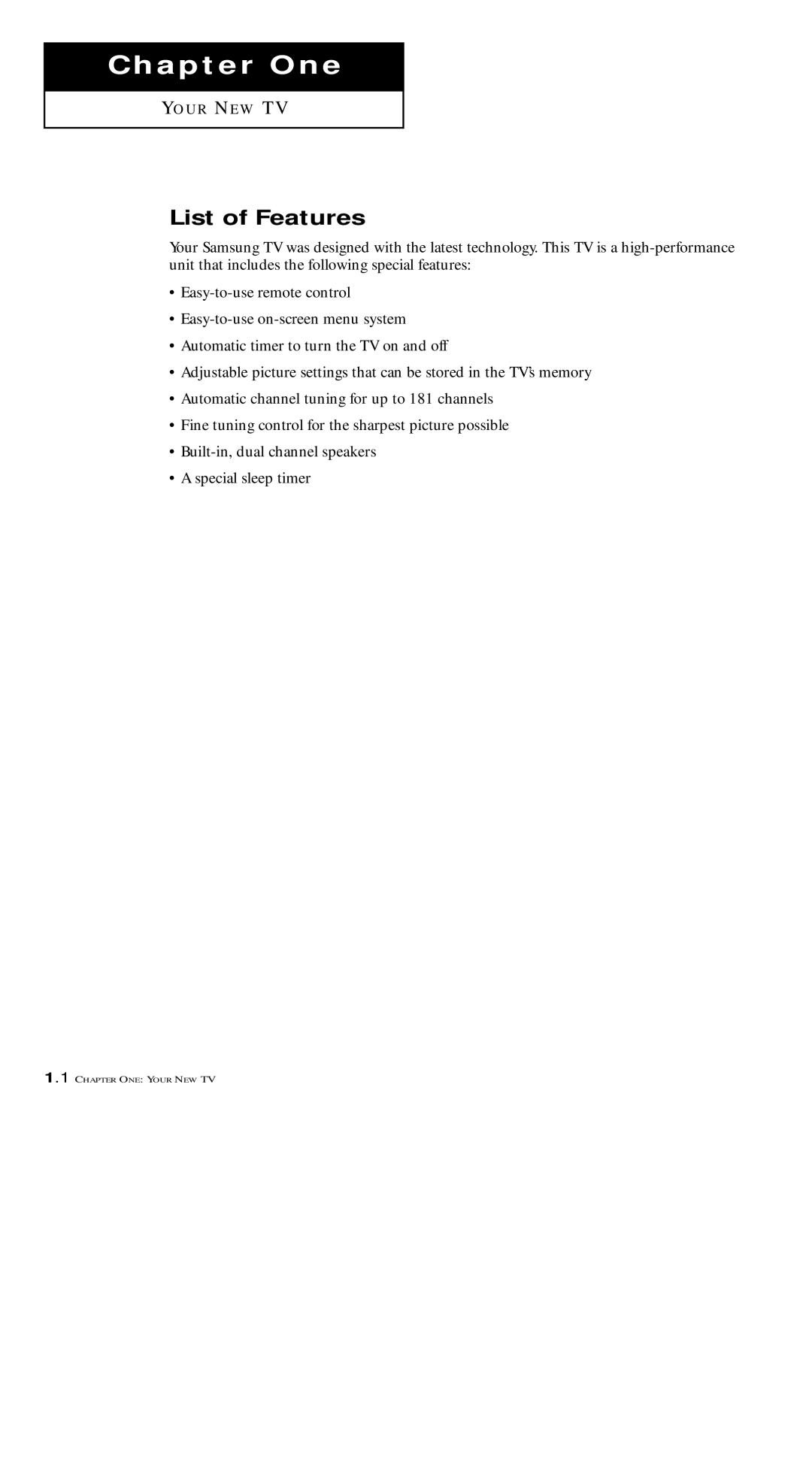 Samsung TXM 1491F manual Chapter One, List of Features 