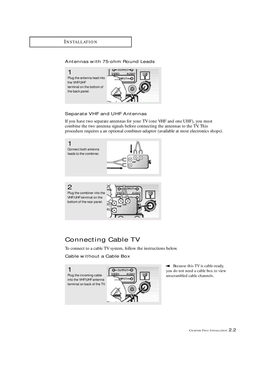 Samsung TXM 1997, TXM 1967, TXM 1367 Connecting Cable TV, Antennas with 75-ohm Round Leads, Separate VHF and UHF Antennas 