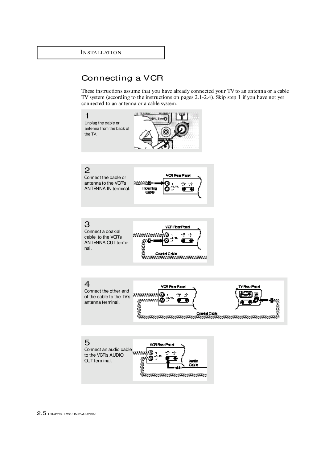 Samsung TXM 1997, TXM 1967, TXM 1367 manual Connecting a VCR, Connect an audio cable to the VCR’s Audio OUT terminal 