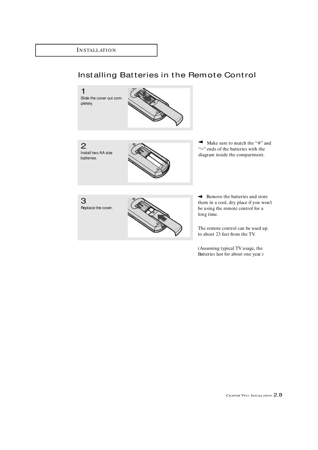 Samsung TXM 1997, TXM 1967, TXM 1367 manual Installing Batteries in the Remote Control 