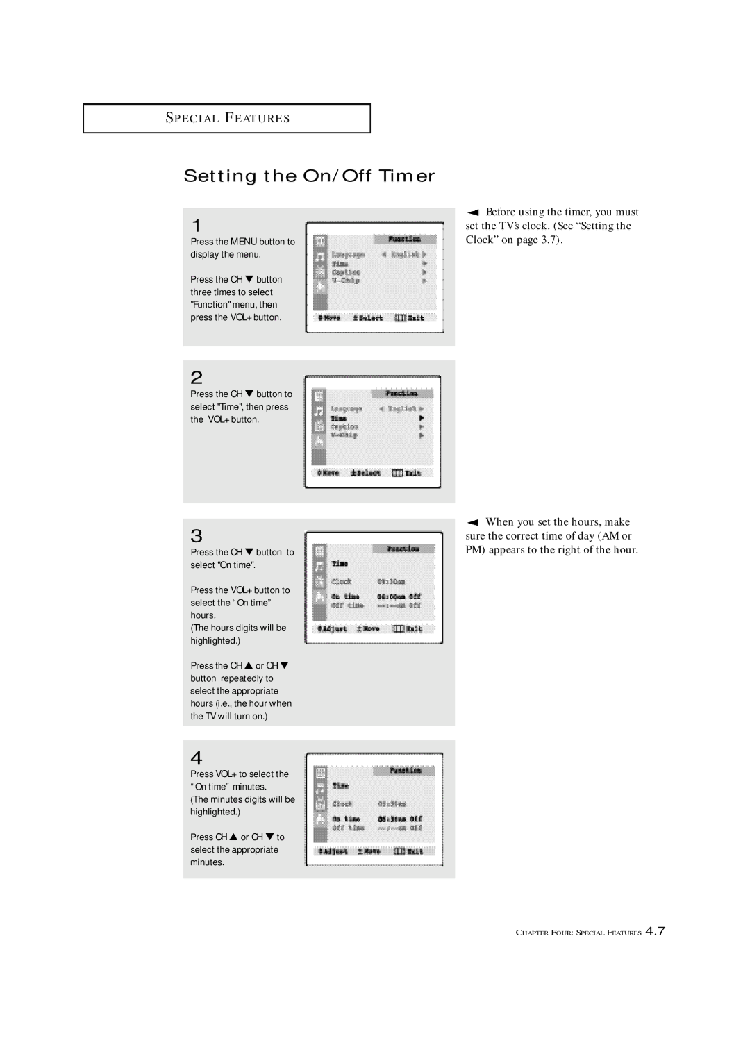 Samsung TXM 1997, TXM 1967, TXM 1367 manual Setting the On/Off Timer 