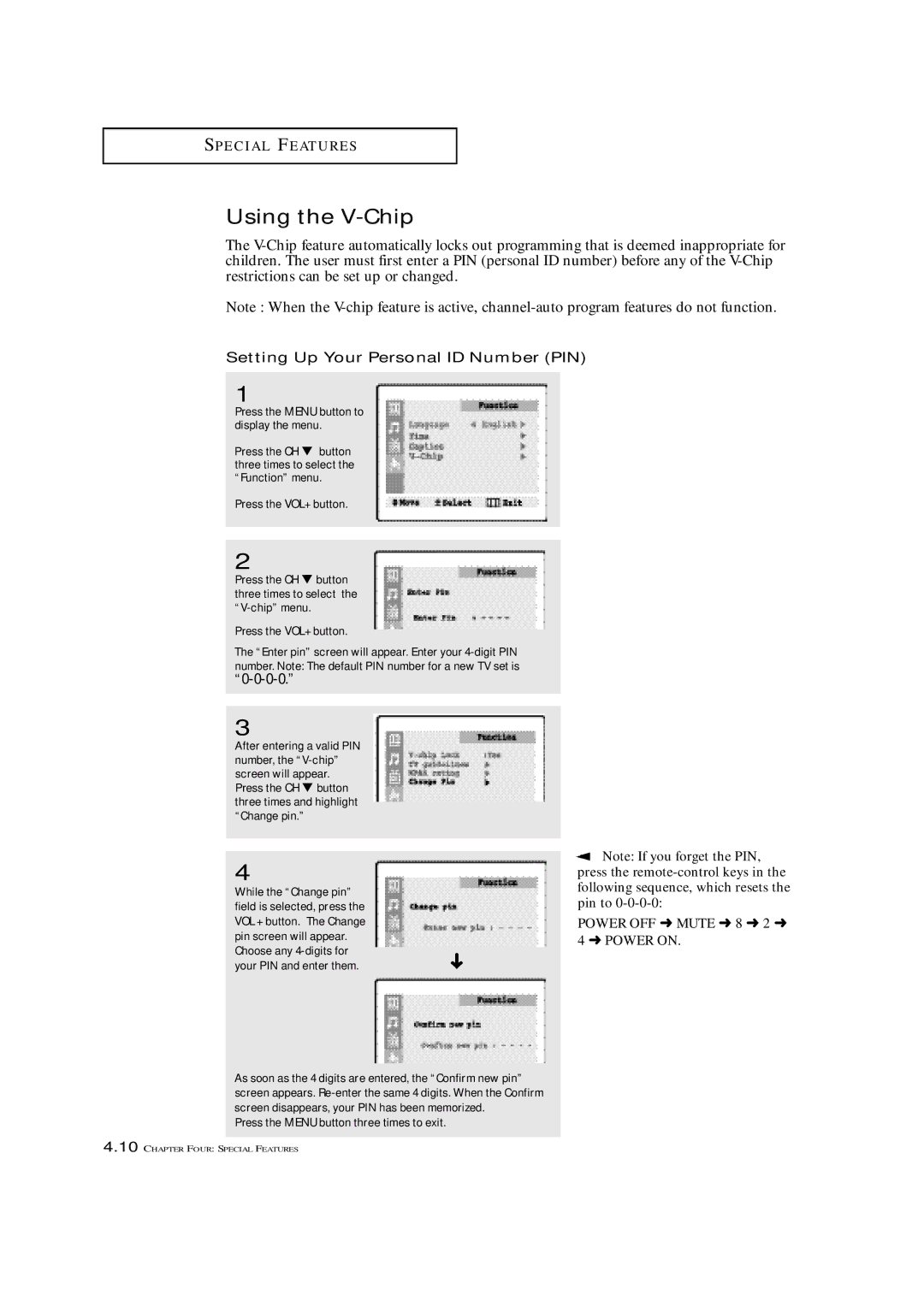 Samsung TXM 1997 manual Using the V-Chip, Setting Up Your Personal ID Number PIN, Press the Menu button three times to exit 