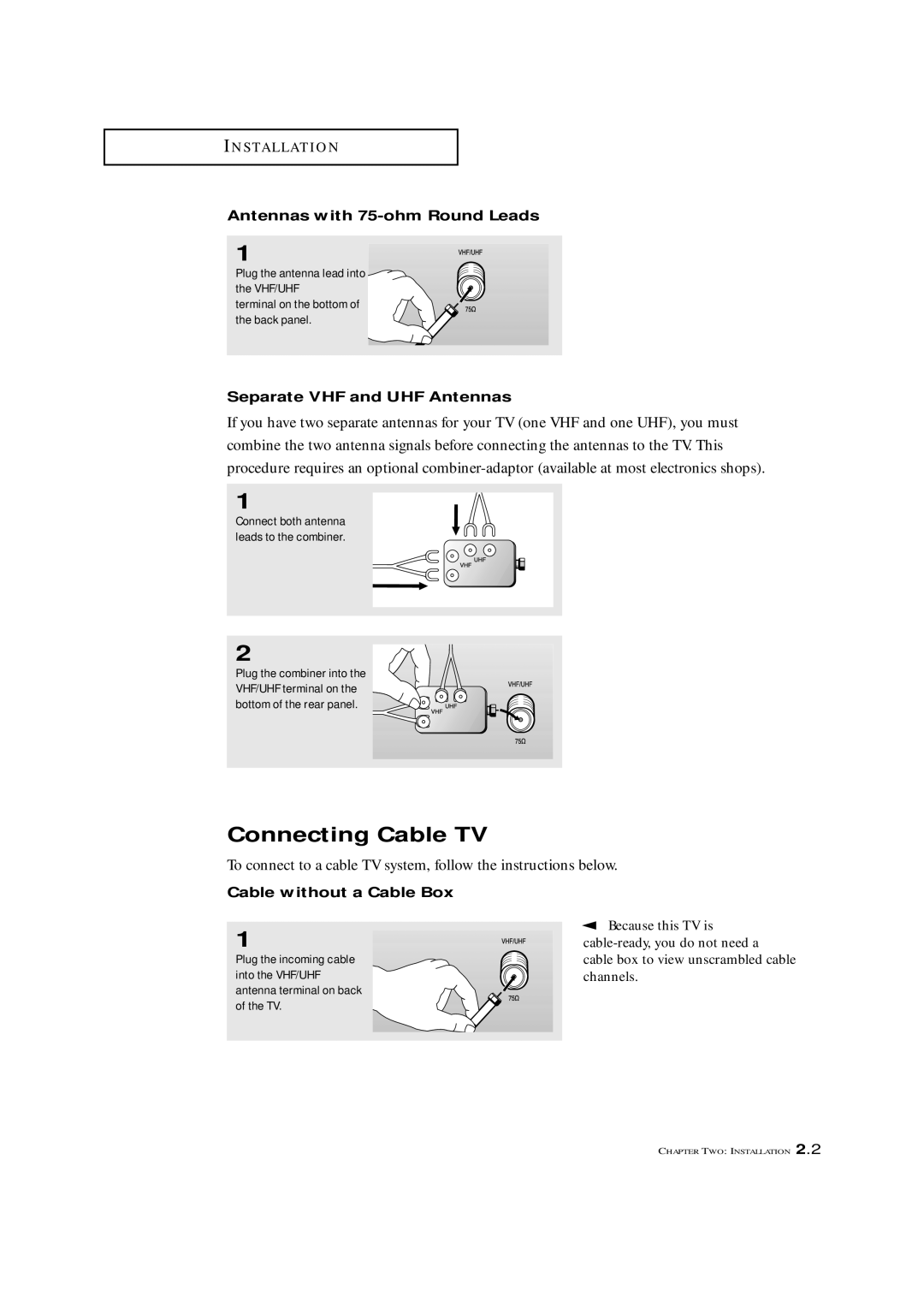 Samsung TXM 2790F, TXM3292F, TXL 2791F Connecting Cable TV, Antennas with 75-ohm Round Leads, Separate VHF and UHF Antennas 