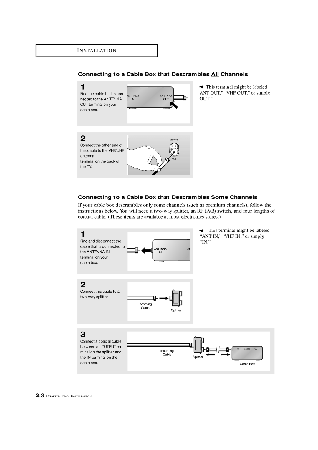 Samsung TXM3292F manual Connecting to a Cable Box that Descrambles All Channels, Connect this cable to a two-way splitter 