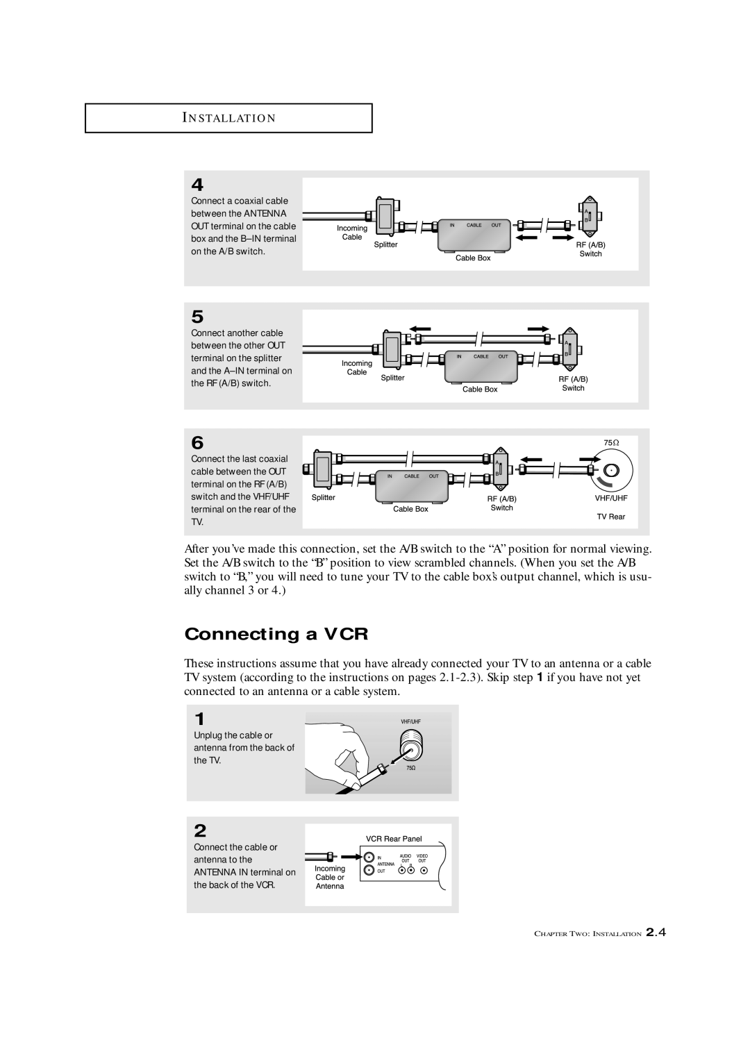 Samsung TXL 2791F, TXM 2790F, TXM3292F manual Connecting a VCR, Unplug the cable or antenna from the back of the TV 