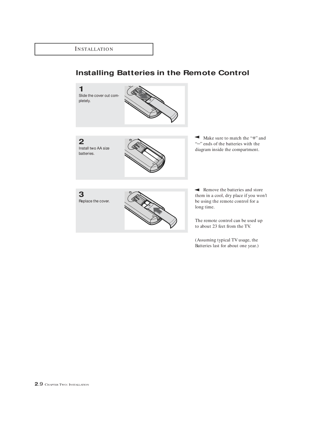 Samsung TXM3292F, TXM 2790F, TXL 2791F manual Installing Batteries in the Remote Control 