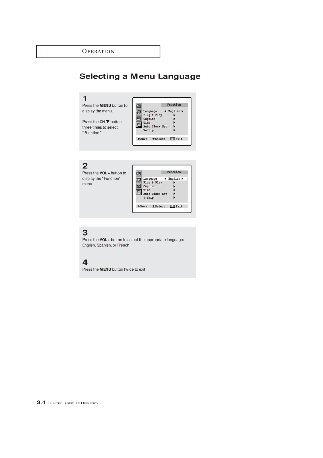 Samsung TXL 2791F, TXM 2790F, TXM3292F manual Selecting a Menu Language 