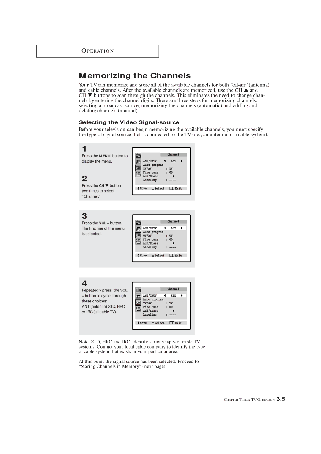 Samsung TXM 2790F, TXM3292F, TXL 2791F manual Memorizing the Channels, Selecting the Video Signal-source 