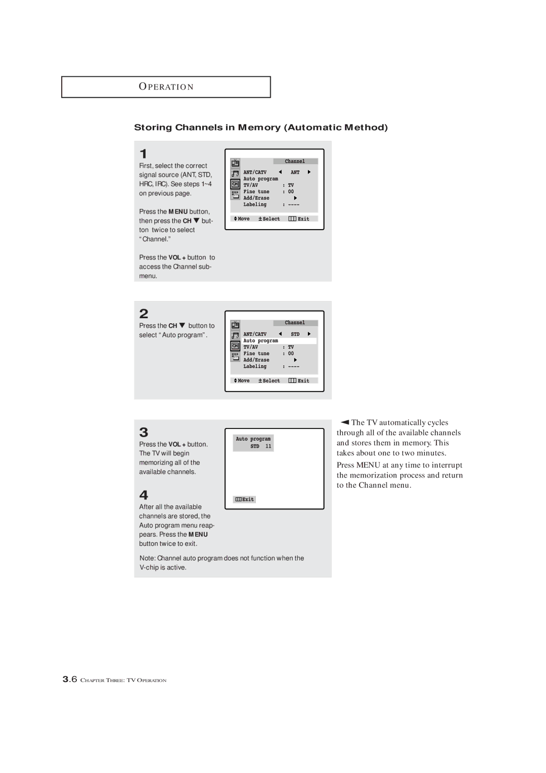 Samsung TXM3292F, TXM 2790F manual Storing Channels in Memory Automatic Method, Press the CH button to select Auto program 