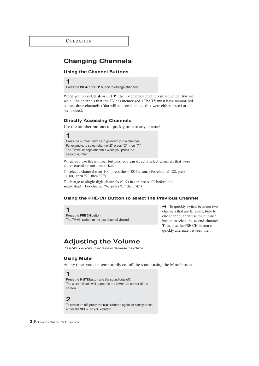 Samsung TXM 2790F, TXM3292F, TXL 2791F manual Changing Channels, Adjusting the Volume 