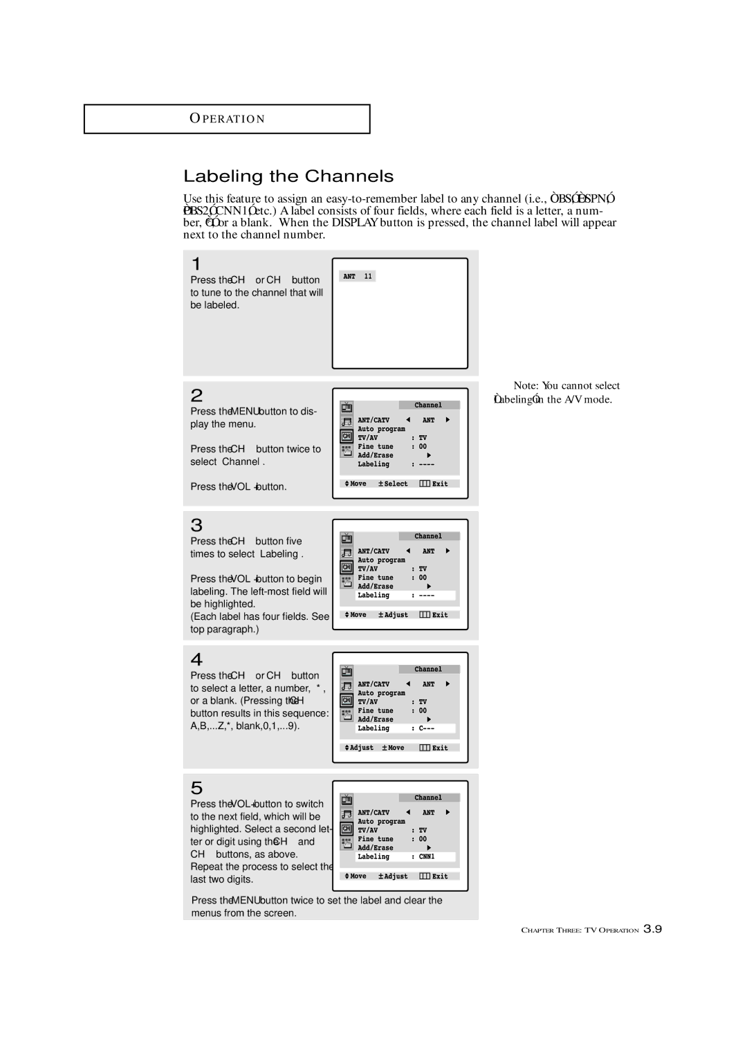 Samsung TXM3292F, TXM 2790F, TXL 2791F manual Labeling the Channels, Press the VOL + button 