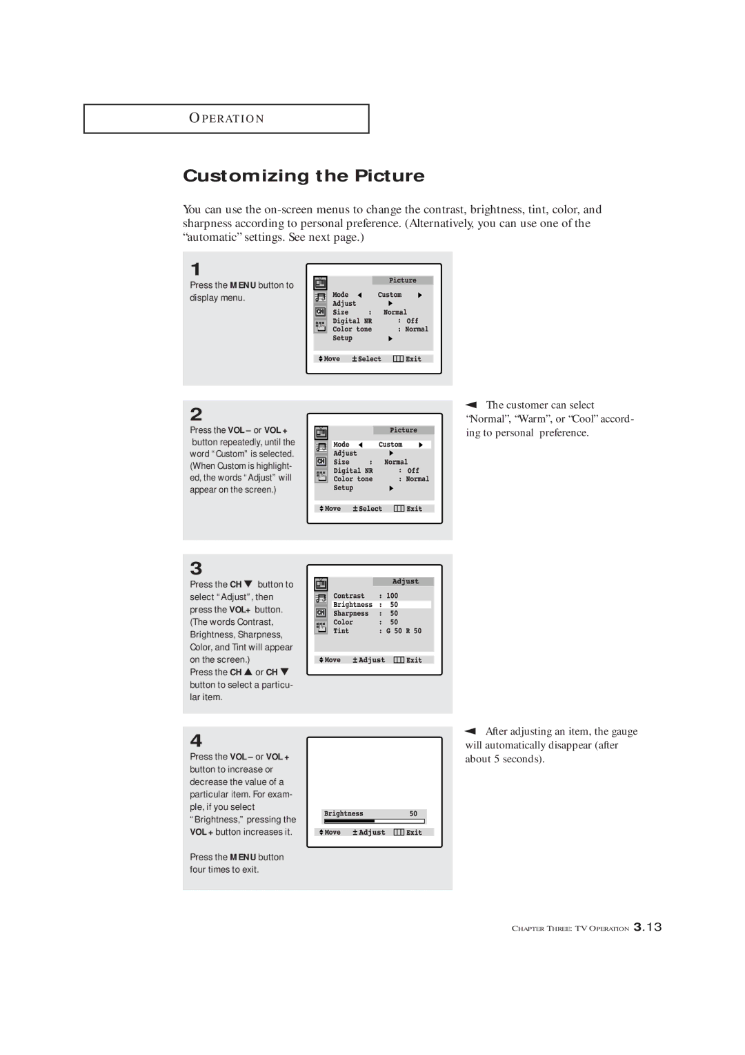 Samsung TXL 2791F, TXM 2790F, TXM3292F manual Customizing the Picture, Press the Menu button to display menu 