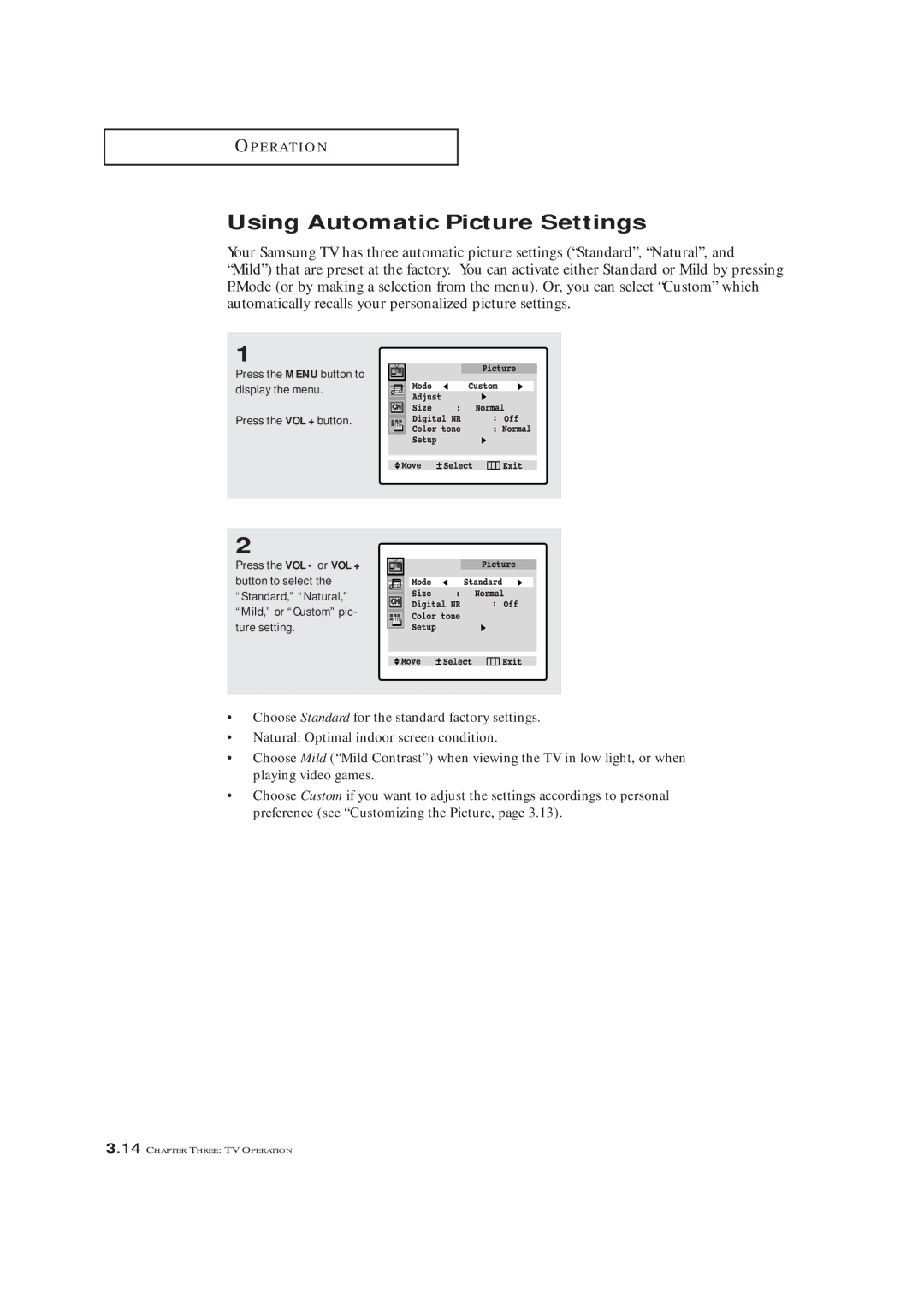 Samsung TXM 2790F, TXM3292F, TXL 2791F manual Using Automatic Picture Settings 