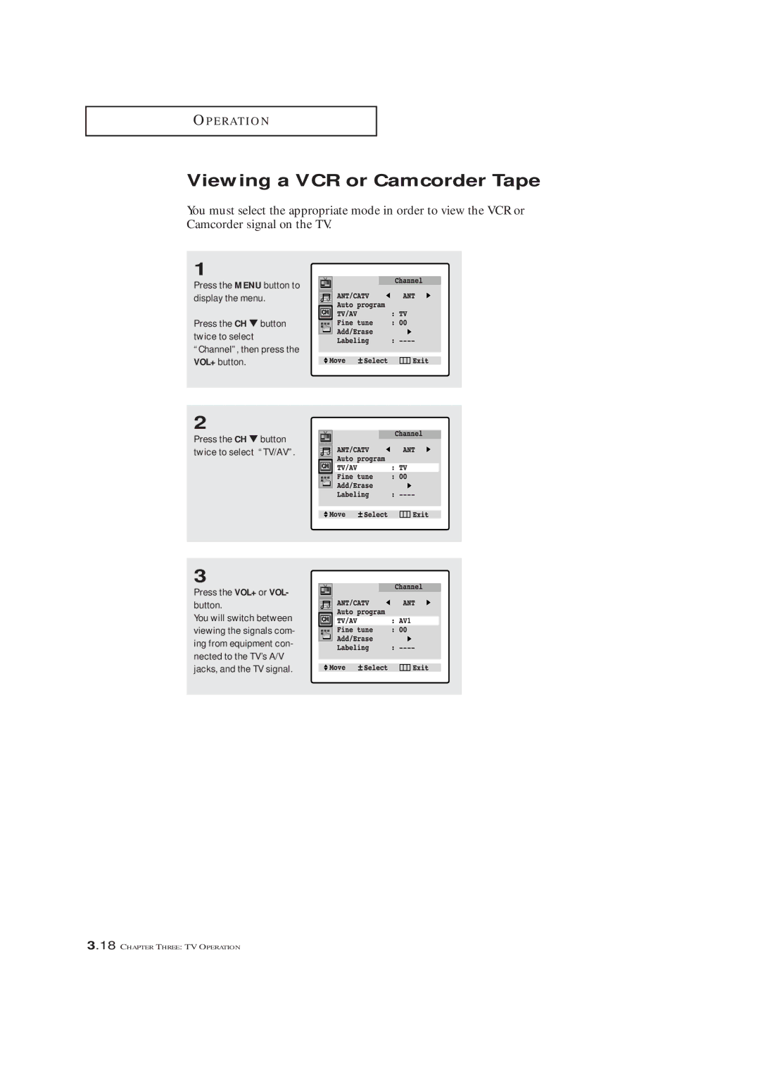 Samsung TXM3292F, TXM 2790F, TXL 2791F manual Viewing a VCR or Camcorder Tape, Press the VOL+ or VOL- button 