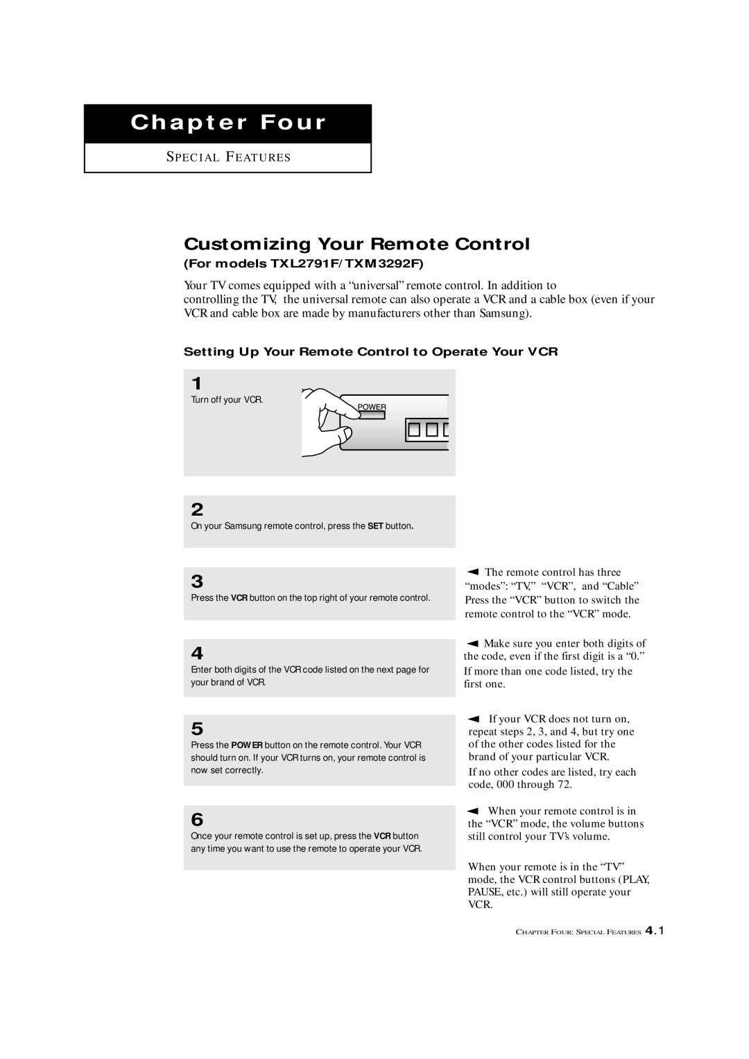 Samsung TXL 2791F, TXM 2790F, TXM3292F Customizing Your Remote Control, Setting Up Your Remote Control to Operate Your VCR 