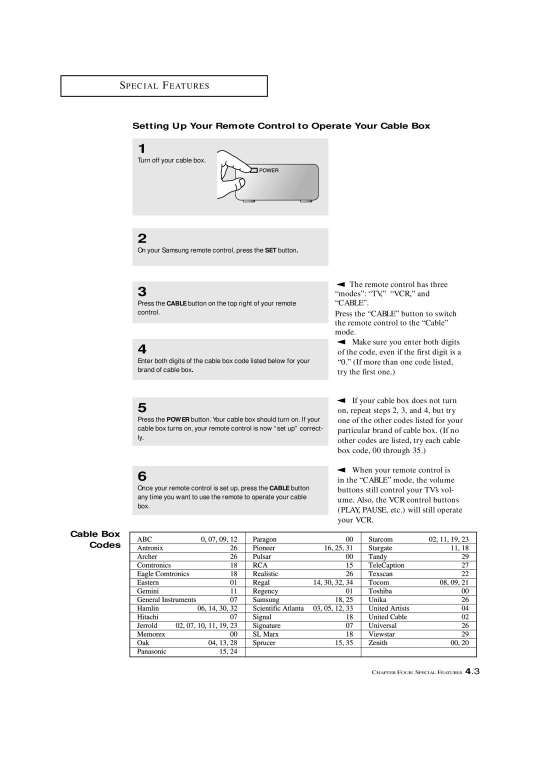 Samsung TXM3292F, TXM 2790F, TXL 2791F manual Setting Up Your Remote Control to Operate Your Cable Box, Cable Box Codes 