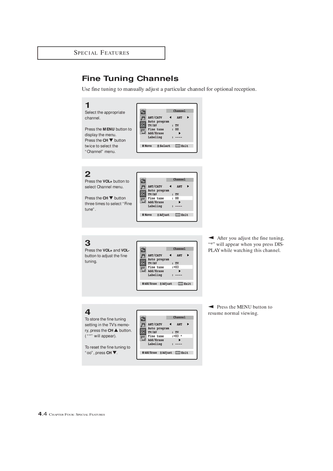 Samsung TXL 2791F, TXM 2790F, TXM3292F manual Fine Tuning Channels, To reset the fine tuning to oo, press CH 