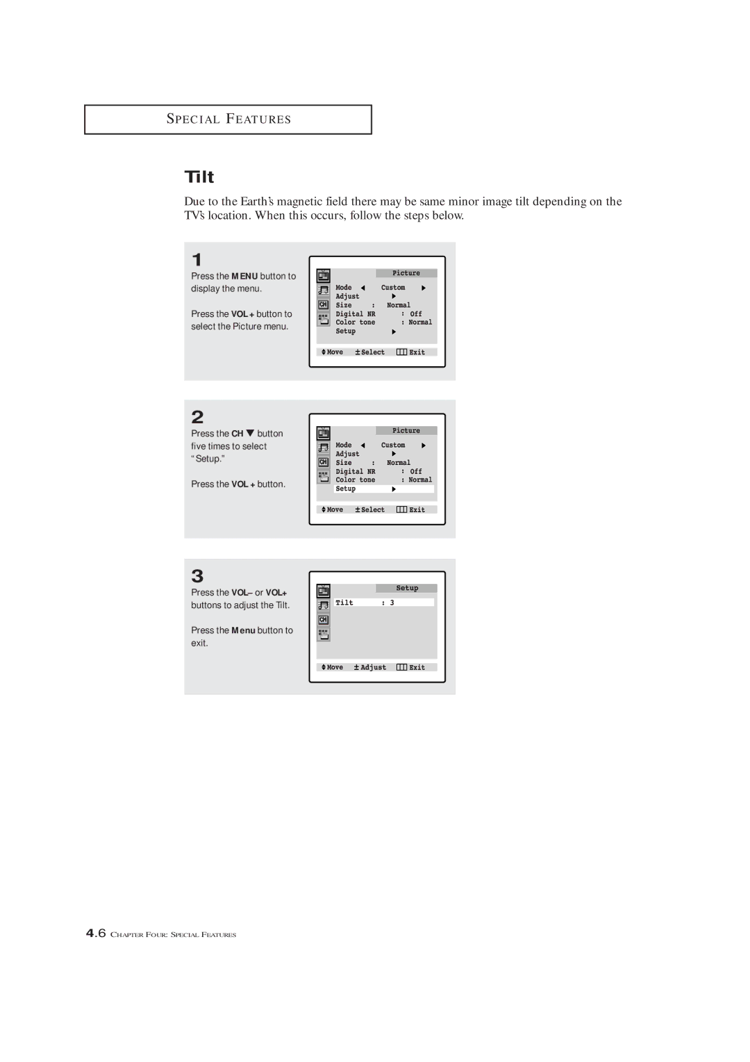 Samsung TXM3292F, TXM 2790F, TXL 2791F manual Tilt, Press the Menu button to exit 