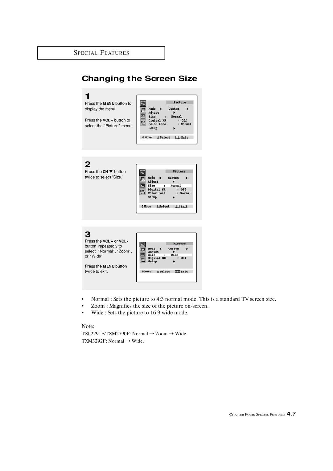 Samsung TXL 2791F, TXM 2790F, TXM3292F manual Changing the Screen Size 