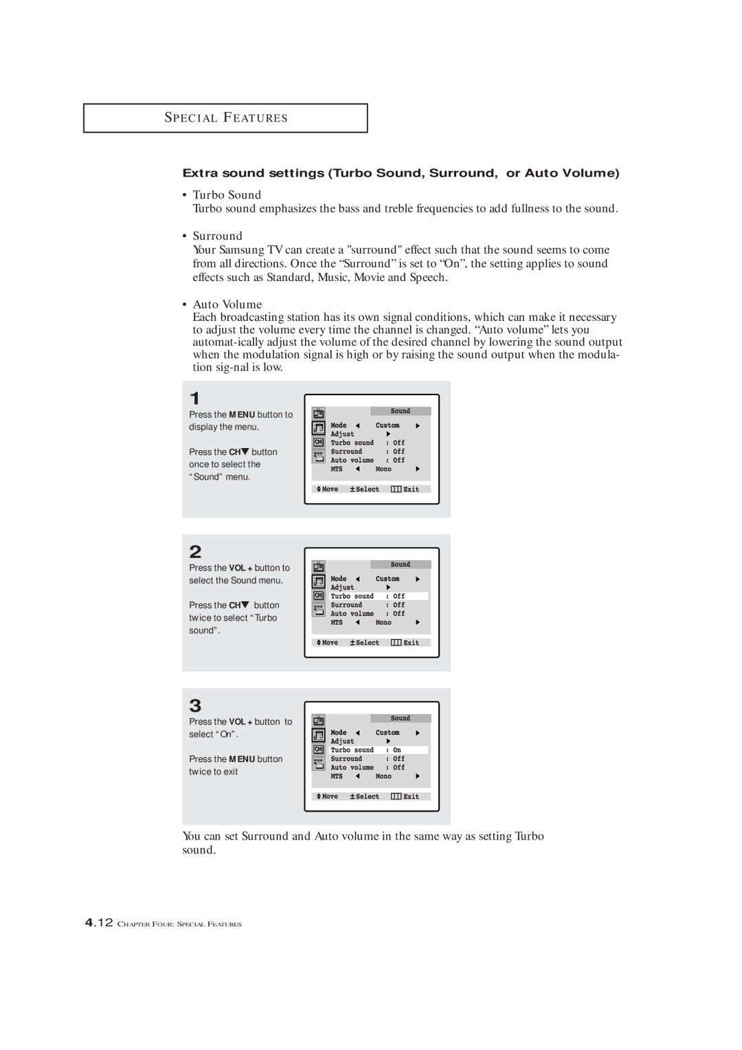 Samsung TXM3292F, TXM 2790F, TXL 2791F manual Extra sound settings Turbo Sound, Surround, or Auto Volume 