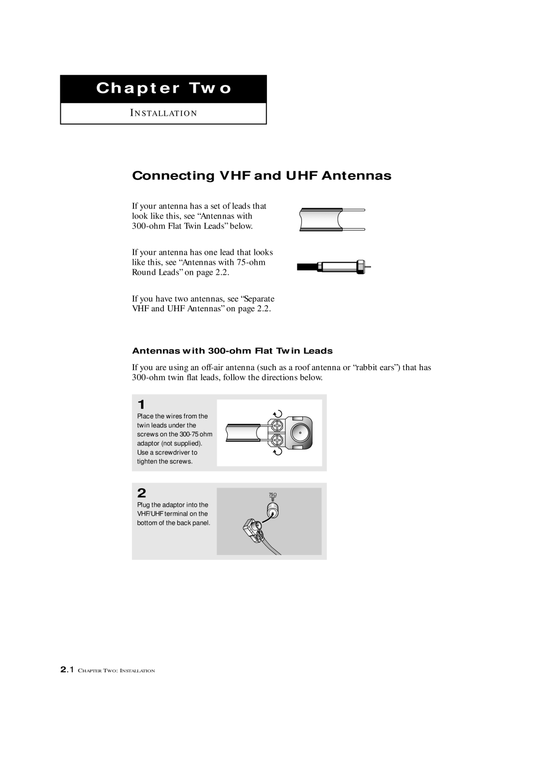 Samsung TXM 2792F, TXL 2767 manual Connecting VHF and UHF Antennas, Antennas with 300-ohm Flat Twin Leads 