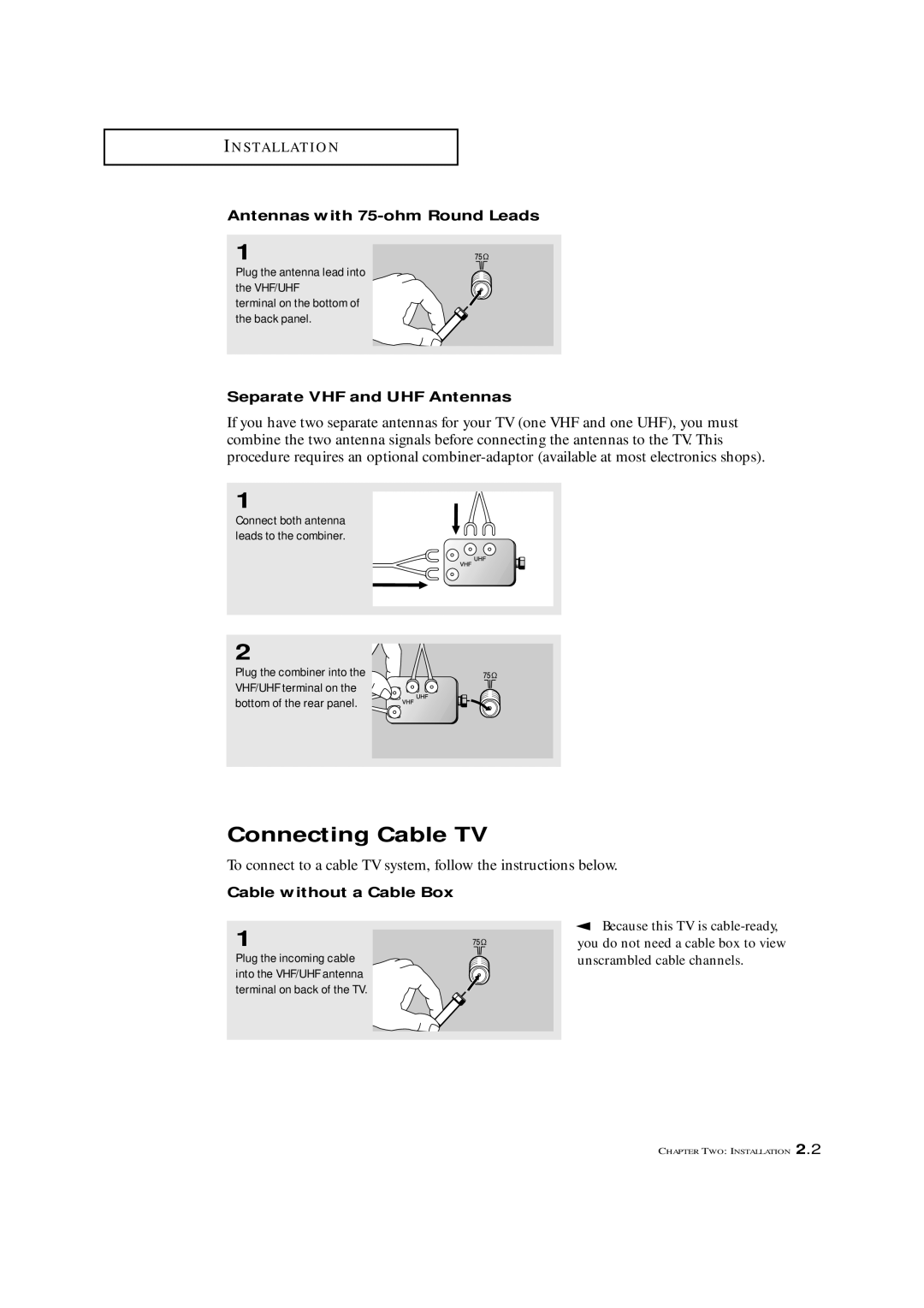 Samsung TXL 2767, TXM 2792F manual Connecting Cable TV, Antennas with 75-ohm Round Leads, Separate VHF and UHF Antennas 