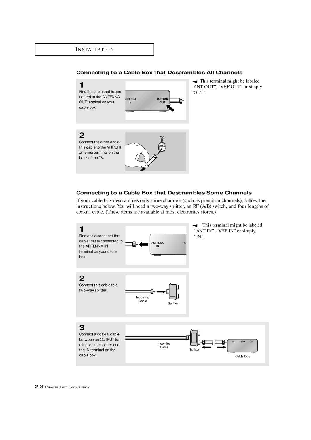 Samsung TXM 2792F manual Connecting to a Cable Box that Descrambles All Channels, Connect this cable to a two-way splitter 