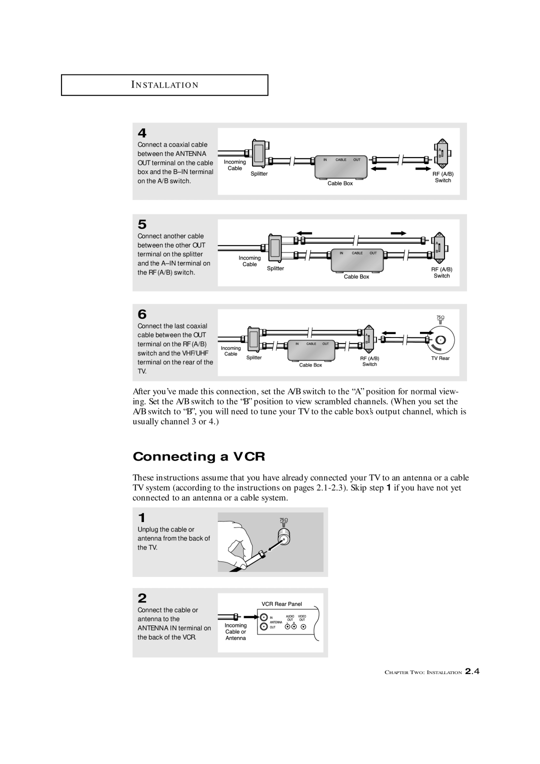 Samsung TXL 2767, TXM 2792F manual Connecting a VCR, Unplug the cable or antenna from the back of the TV 