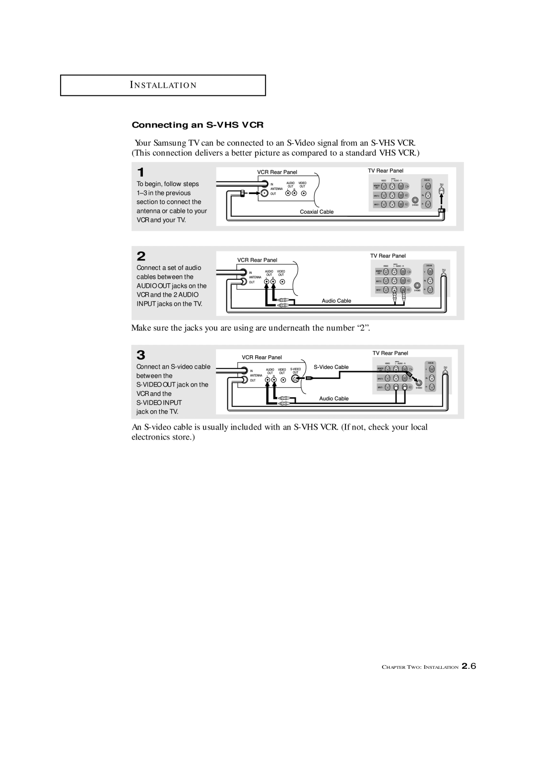 Samsung TXL 2767, TXM 2792F manual Connecting an S-VHS VCR, Connect an S-video cable between Video OUT jack on the VCR 