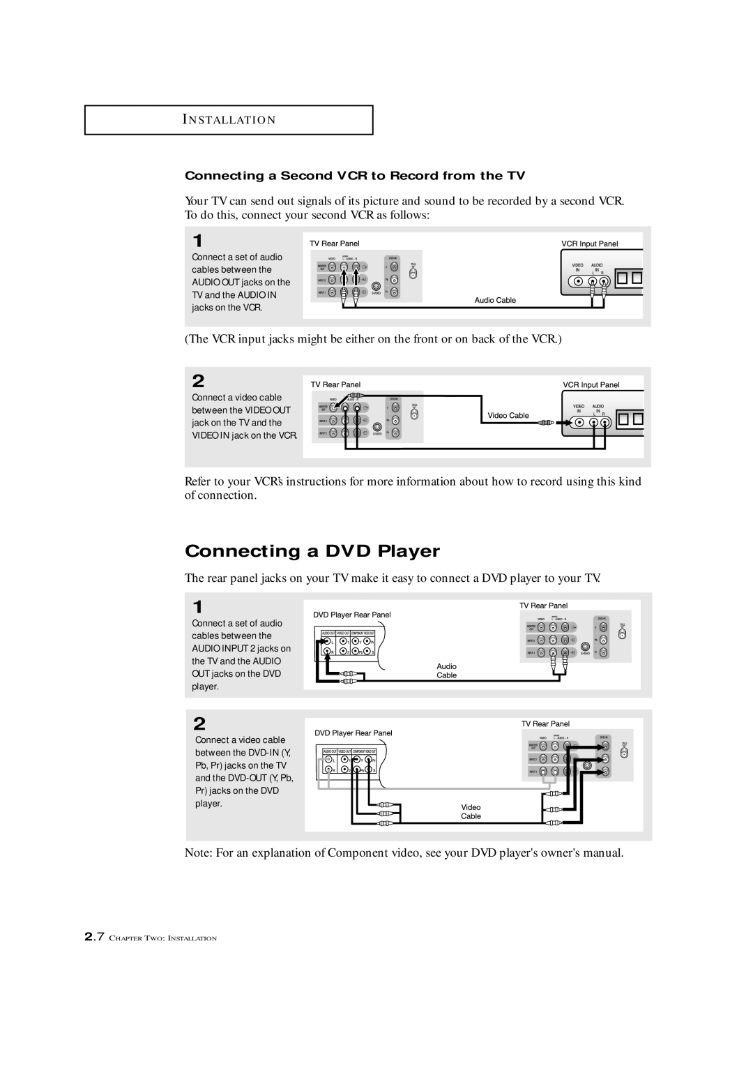 Samsung TXM 2792F, TXL 2767 manual Connecting a DVD Player, Connecting a Second VCR to Record from the TV 