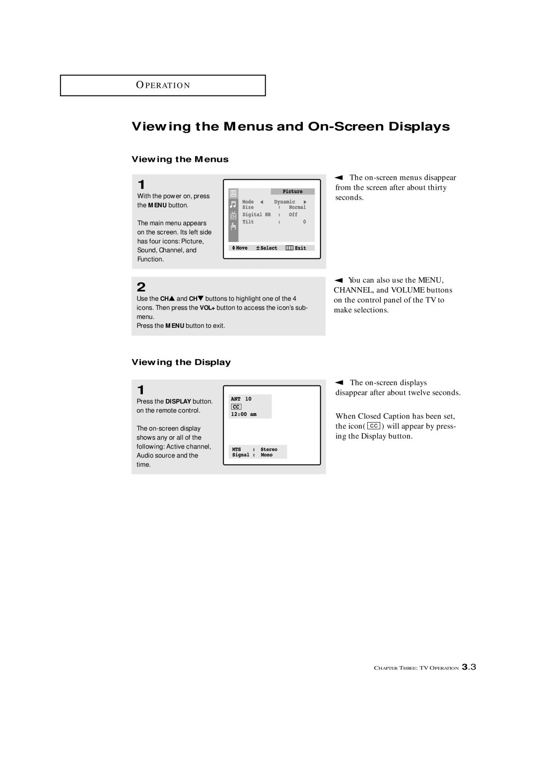 Samsung TXL 2767, TXM 2792F manual Viewing the Menus and On-Screen Displays, Viewing the Display 