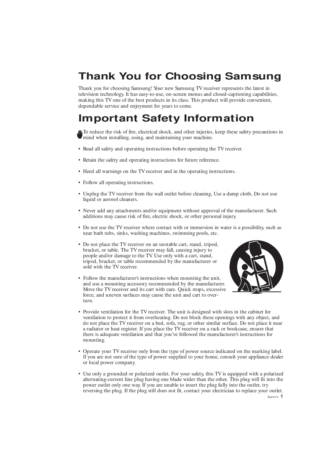 Samsung TXL 2767, TXM 2792F manual Thank You for Choosing Samsung 