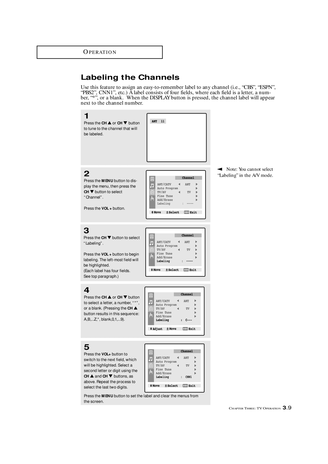 Samsung TXL 2767, TXM 2792F manual Labeling the Channels, Labeling in the A/V mode 