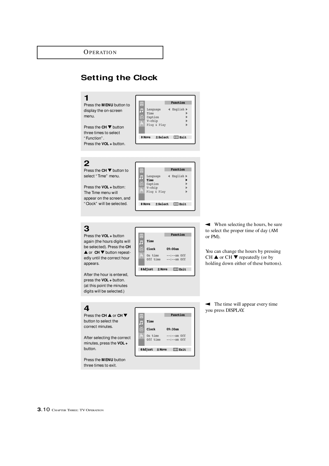 Samsung TXM 2792F, TXL 2767 manual Setting the Clock, Press the Menu button to display the on-screen menu 